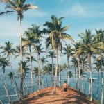 Man walking amidst coconut palms by the ocean in Mirissa, Sri Lanka, embodying tropical paradise vibes.